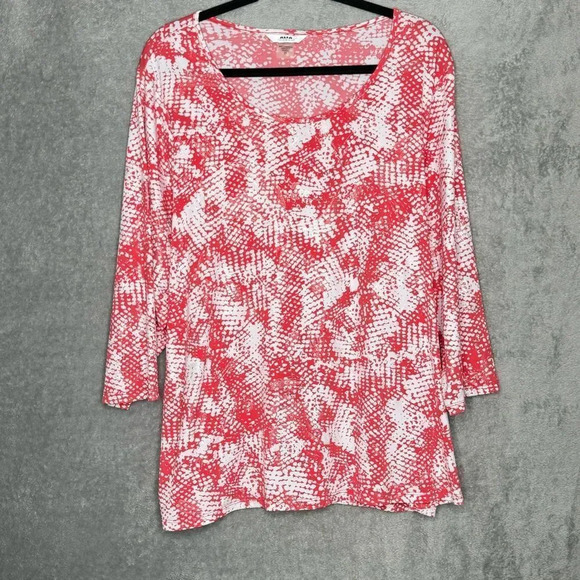 Alia Womens Top 2X Red Abstract 3/4 Sleeve Scoop Neck Stretch Glitter Casual - Picture 1 of 7